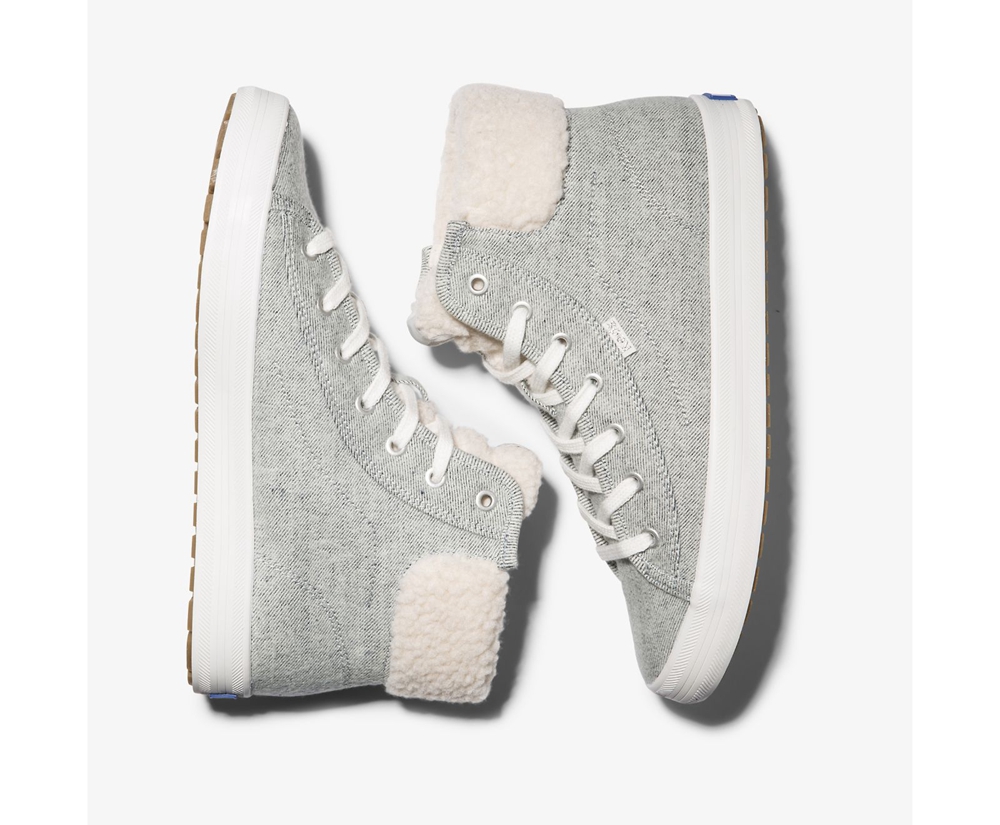 Πανινα Παπουτσια Γυναικεια - Keds Kickstart Hi Trx Brushed Denim Faux Shearling - Γκρι - EXDIT3564